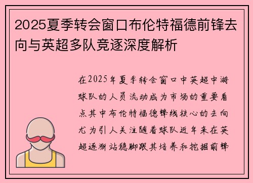 2025夏季转会窗口布伦特福德前锋去向与英超多队竞逐深度解析